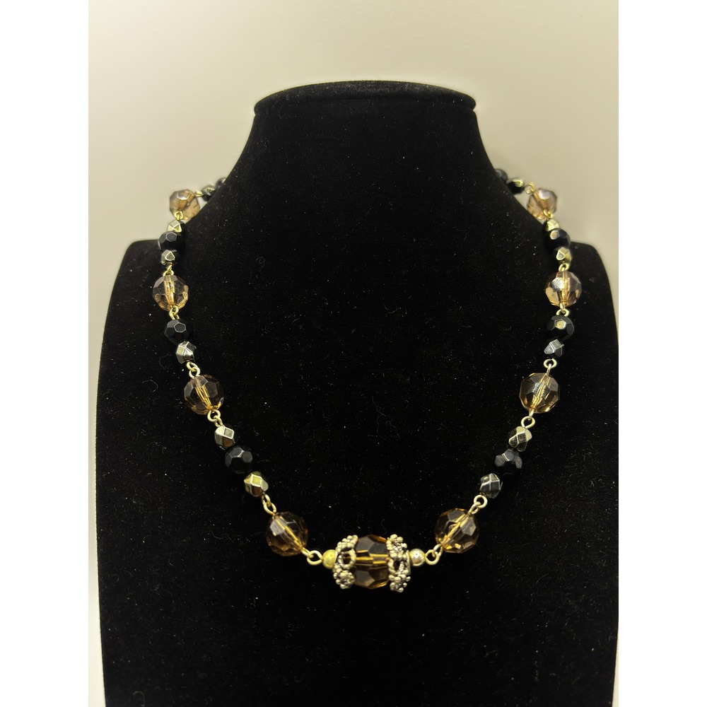 Sonoma‎ Necklace Womens 16" Black Amber Beaded Faceted Glass Silver Tone Link